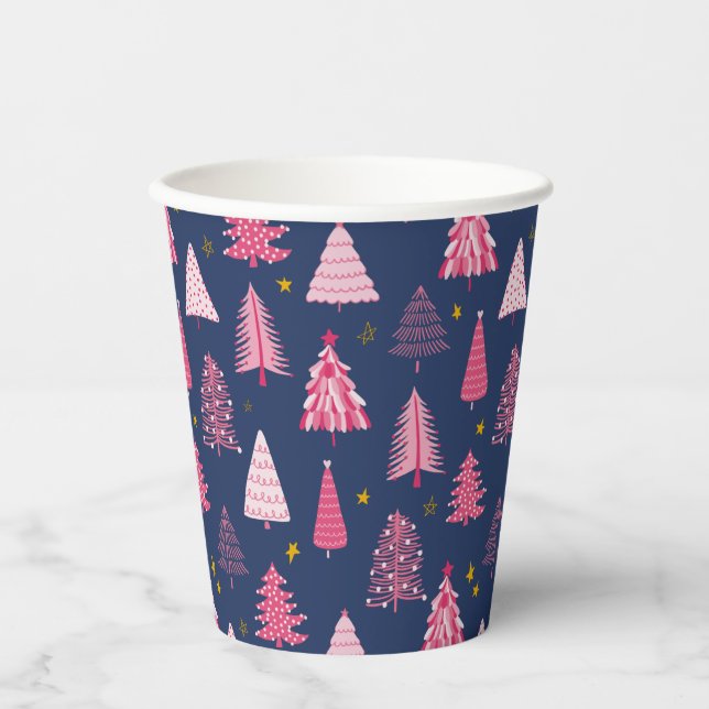 Blue & Pink Christmas Tree Pattern Paper Cups (Front)