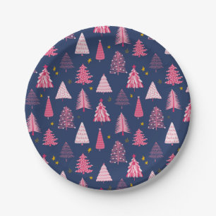 Blue & Pink Christmas Tree Pattern Paper Plate