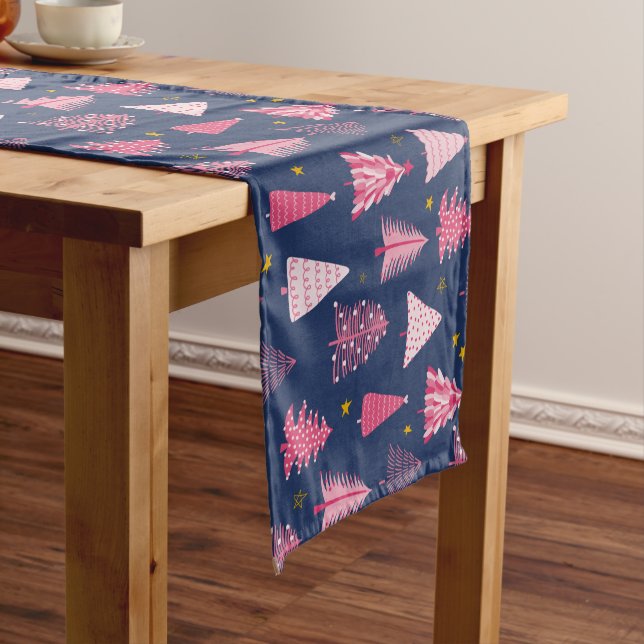Blue & Pink Christmas Tree Pattern Short Table Runner (In Situ)