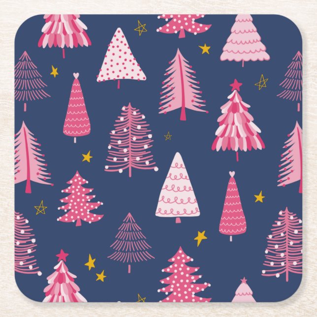 Blue & Pink Christmas Tree Pattern Square Paper Coaster (Front)