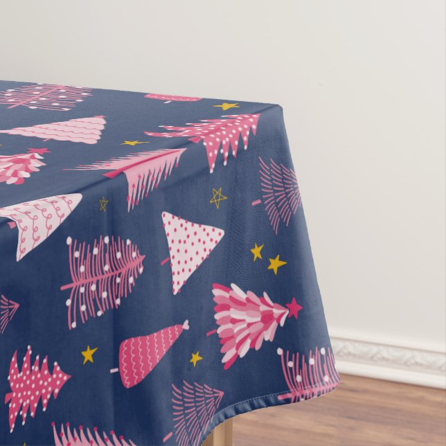 Blue & Pink Christmas Tree Pattern Tablecloth (In Situ)