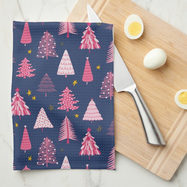 Blue & Pink Christmas Tree Pattern Tea Towel (Quarter Fold)