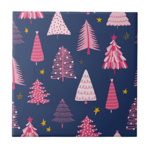 Blue & Pink Christmas Tree Pattern Tile