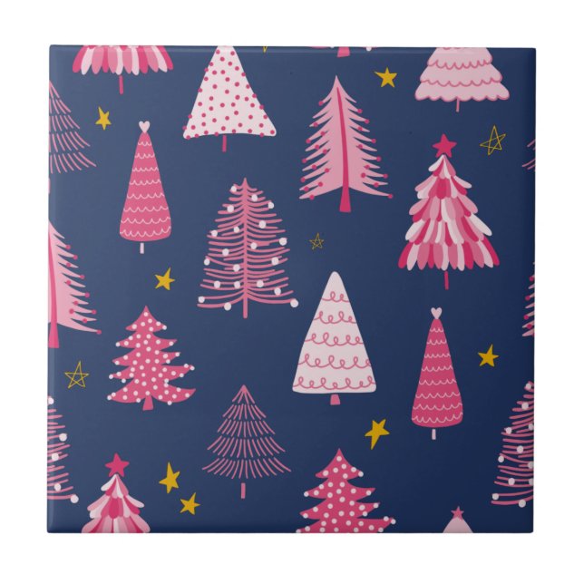 Blue & Pink Christmas Tree Pattern Tile (Front)
