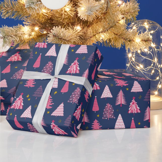 Blue & Pink Christmas Tree Pattern Wrapping Paper (Holidays)