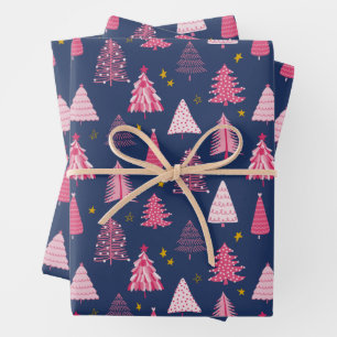 Blue & Pink Christmas Tree Pattern Wrapping Paper Sheet