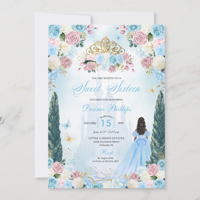 Blue & Pink Cinderella Fairytale Princess Sweet 16 Invitation (Front)