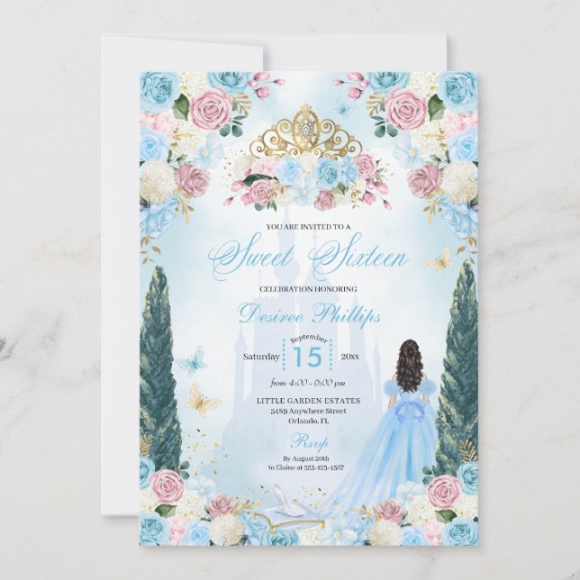 Blue & Pink Cinderella Fairytale Princess Sweet 16 Invitation (Front)