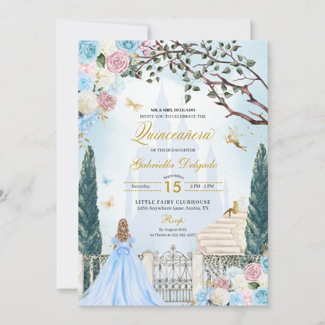 Blue & Pink Cinderella Magical Garden Quinceanera Invitation (Front)