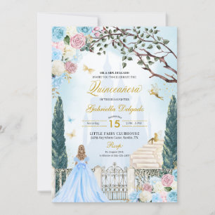 Blue & Pink Cinderella Magical Garden Quinceanera Invitation