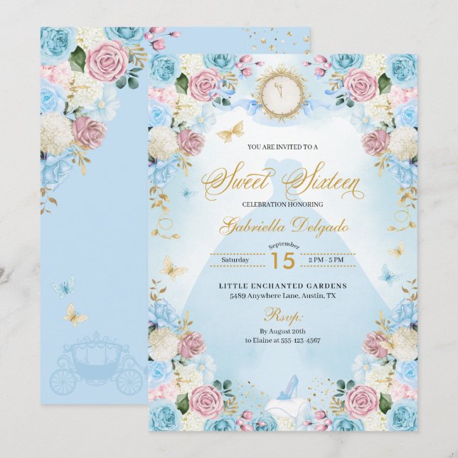 Blue & Pink Cinderella Princess Dress Sweet 16 Invitation (Front/Back)