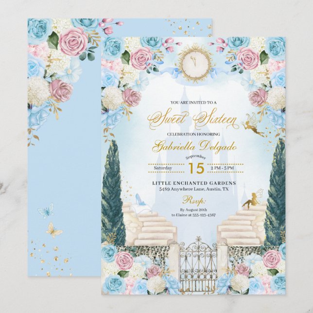 Blue & Pink Cinderella Princess Sweet Sixteen Invitation (Front/Back)