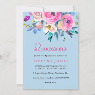Blue & Pink Colourful Flower Quinceanera Invite