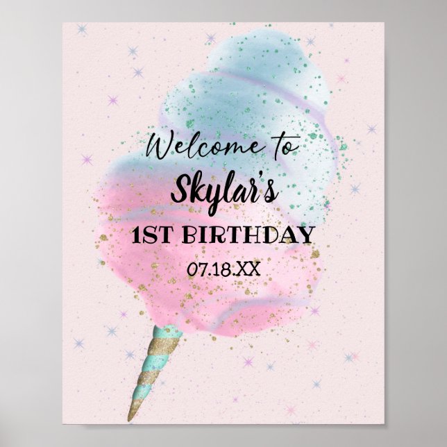 Blue Pink Cotton Candy BronzeGold Glitter Birthday Poster (Front)