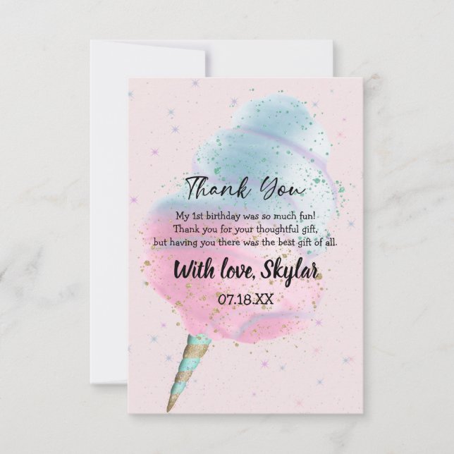 Blue Pink Cotton Candy BronzeGold Glitter Birthday Thank You Card (Front)
