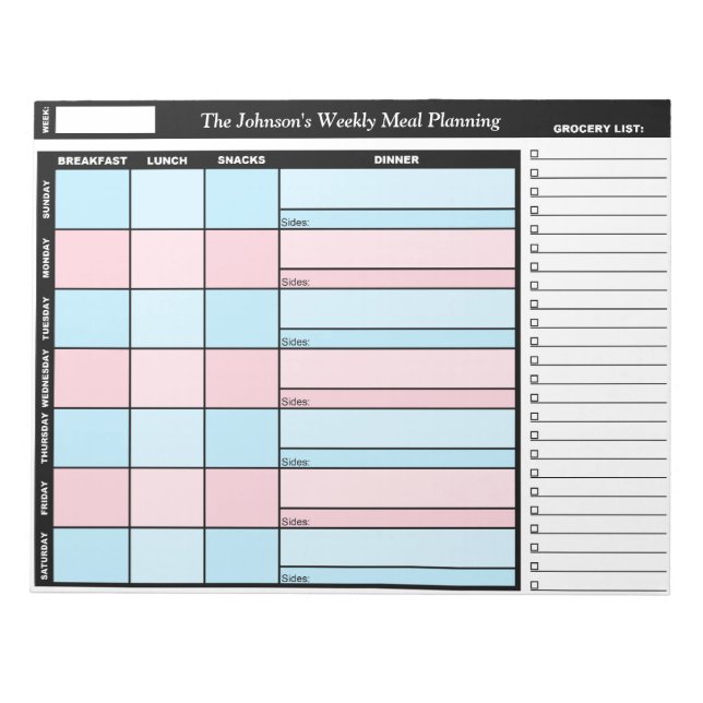 Blue & Pink Custom Weekly Meal Planning Notepad (Front)