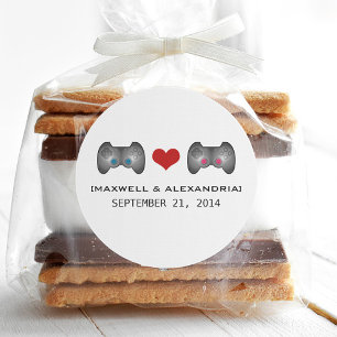 Blue Pink Cute Gamer Wedding Stickers
