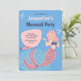 Blue Pink Cute Mermaid Party Birthday Invitation