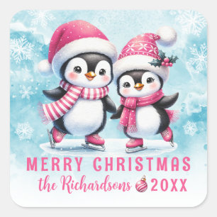 Blue Pink Cute Penguins Custom Merry Christmas Square Sticker