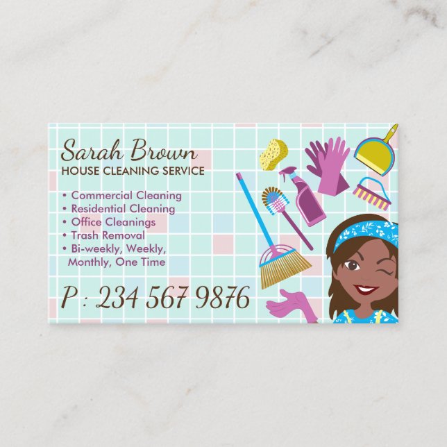 Blue Pink Dark Skin Janitorial Lady House Cleaning Business Card (Front)