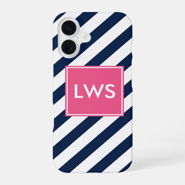 Blue Pink Diagonal Stripes Monogram iPhone 16 Case (Back)