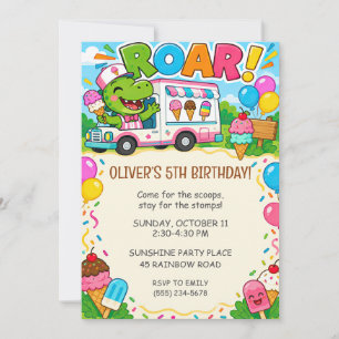 Blue Pink Dinosaur Ice Cream Truck Birthday Invitation
