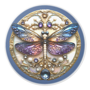 Blue Pink Dragonfly Pearls Precious Stones Ceramic Knob