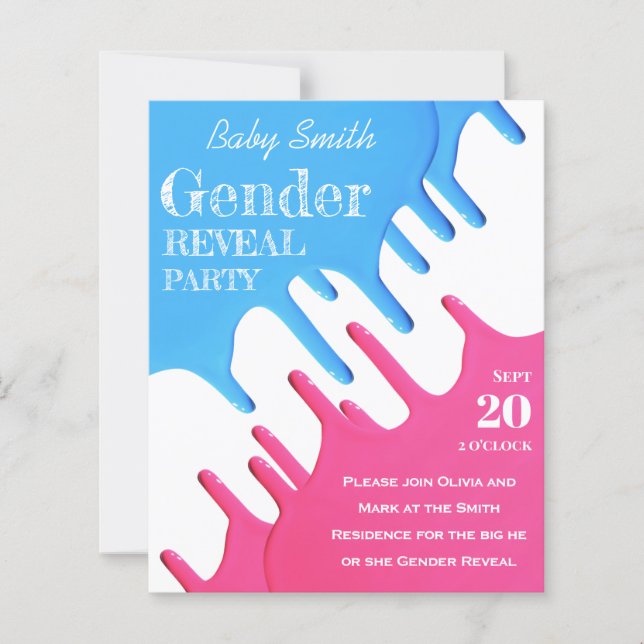 Blue Pink Dripping Paint Gender Reveal Invitation (Front)