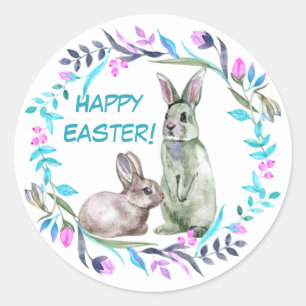 Blue Pink Easter Bunny Wreath Classic Round Sticker