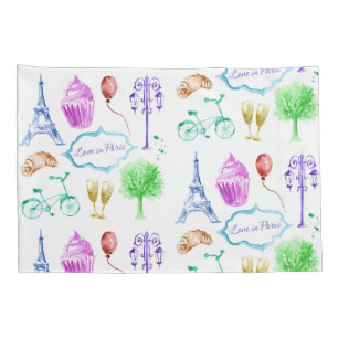 Blue Pink Eiffel Tower Paris Watercolor Art Pillowcase