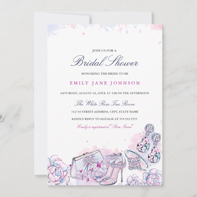 Blue Pink Elegant Crystal Bridal Shower invite (Front)