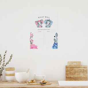 Blue & Pink Elephant Gender Reveal Voting Sign