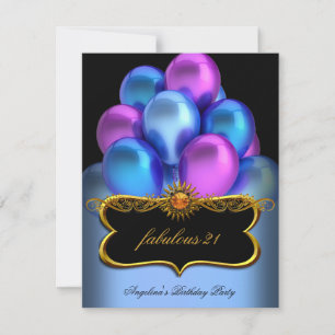 Blue Pink Fabulous Black Gold Balloons Birthday Invitation