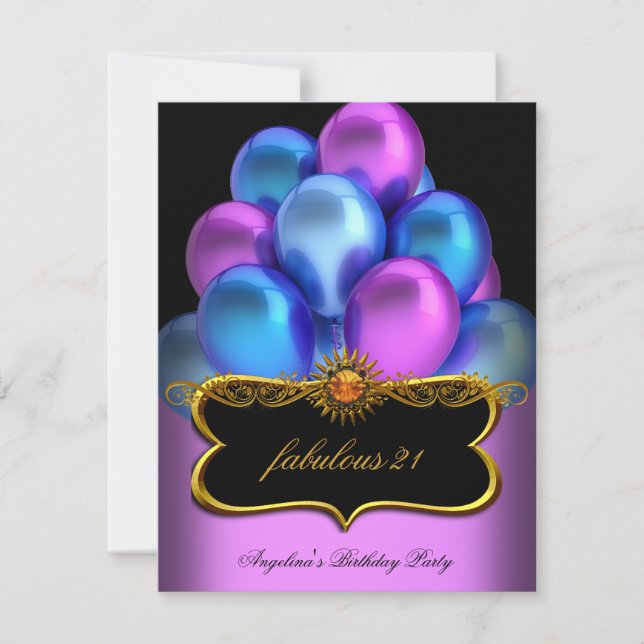 Blue Pink Fabulous Black Gold Balloons Birthday Invitation (Front)