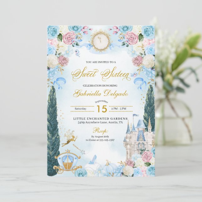 Blue & Pink Fairytale Cinderella Princess Sweet 16 Invitation (Standing Front)