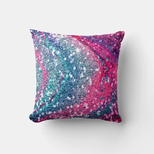 Blue & Pink Faux Glitter Throw Pillow (Front)