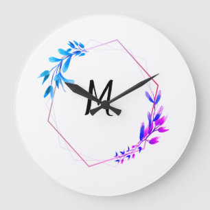 blue pink floral abstract circle monogram  large clock