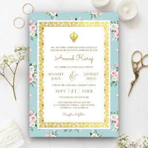 Blue Pink Floral Anand Karaj Punjabi Sikh Wedding Invitation