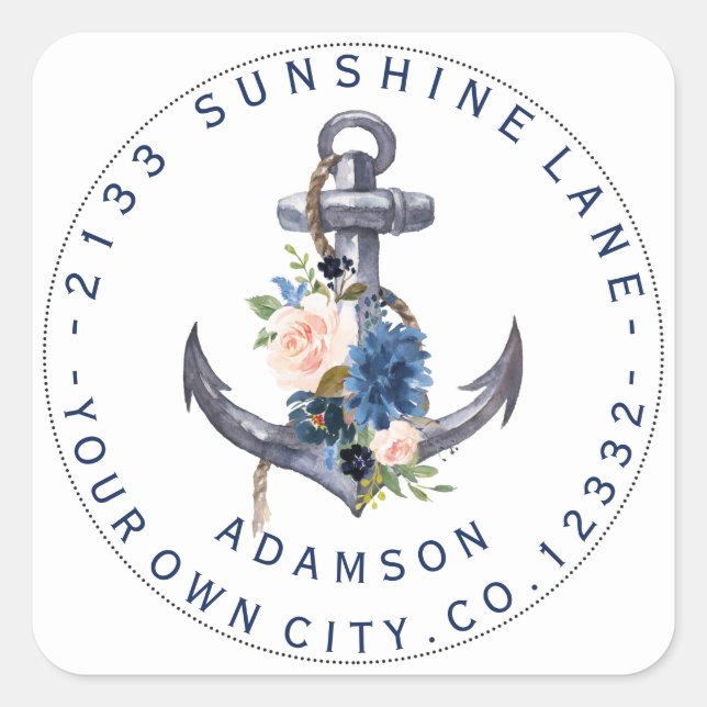 Blue Pink Floral Anchor Circular Address Label (Front)