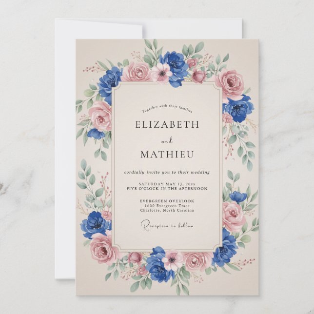 Blue Pink Floral Arch Wedding Invitation (Front)