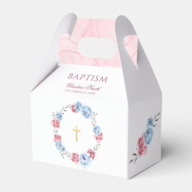 Blue Pink Floral Baby Baptism Christening Favour Box (Front Side)