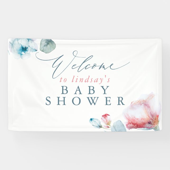 Blue Pink Floral Baby or Bridal Shower Welcome Banner (Horizontal)