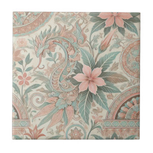 Blue Pink Floral Boho Indonesian Batik Watercolor Tile