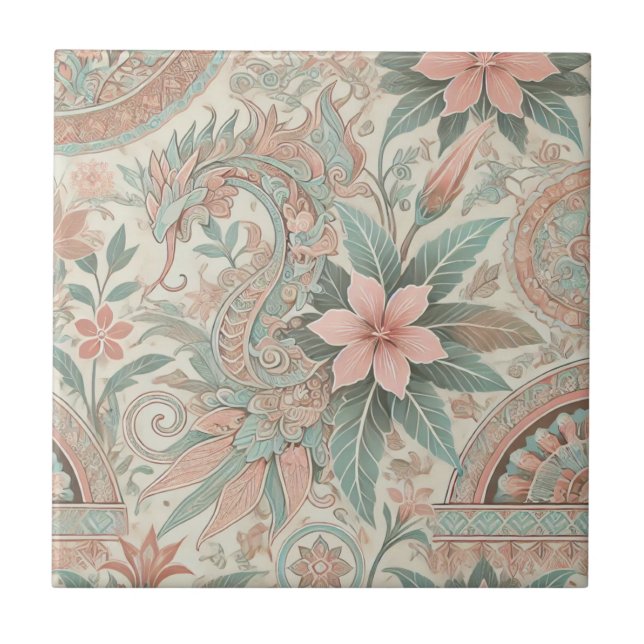 Blue Pink Floral Boho Indonesian Batik Watercolor  Tile (Front)