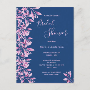 Blue pink floral Bridal Shower invitation Postcard