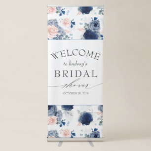 Blue Pink Floral Elegant Bridal Shower Welcome Retractable Banner