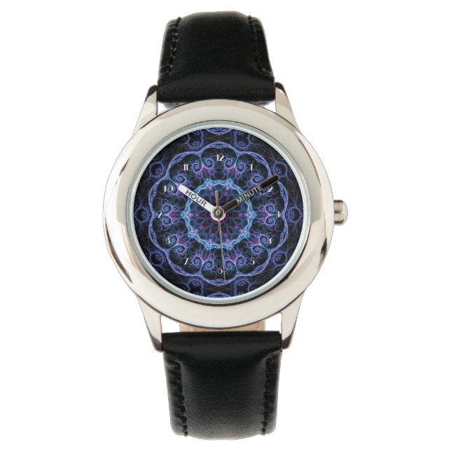 Blue & Pink Floral Fractal Pattern Wrist Watch (Front)