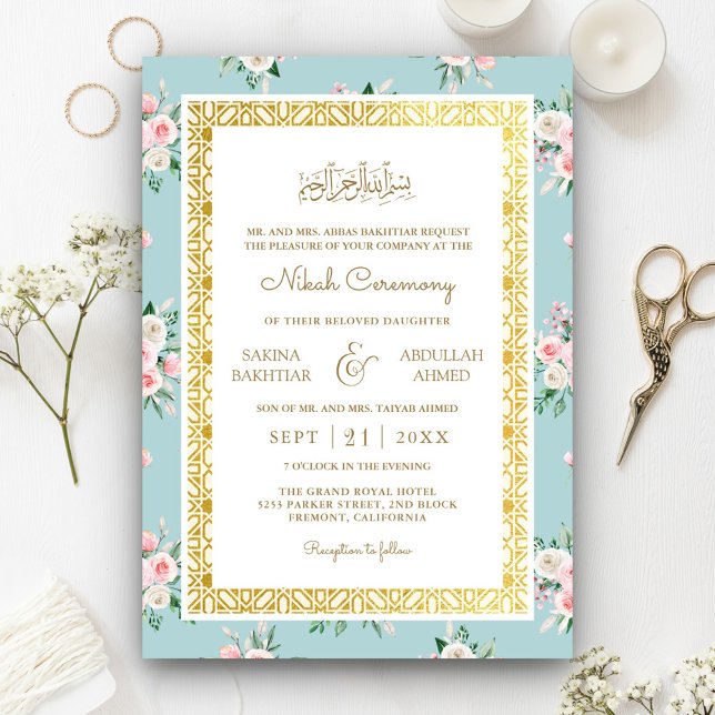 Blue Pink Floral Gold Frame Muslim Wedding Invitation (Creator Uploaded)