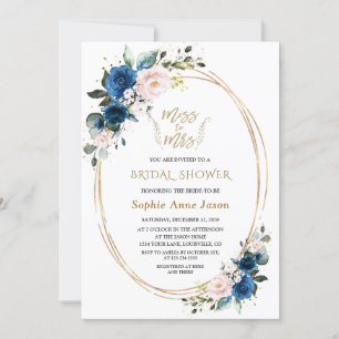 Blue Pink Floral Gold Miss To Mrs Bridal Shower Invitation