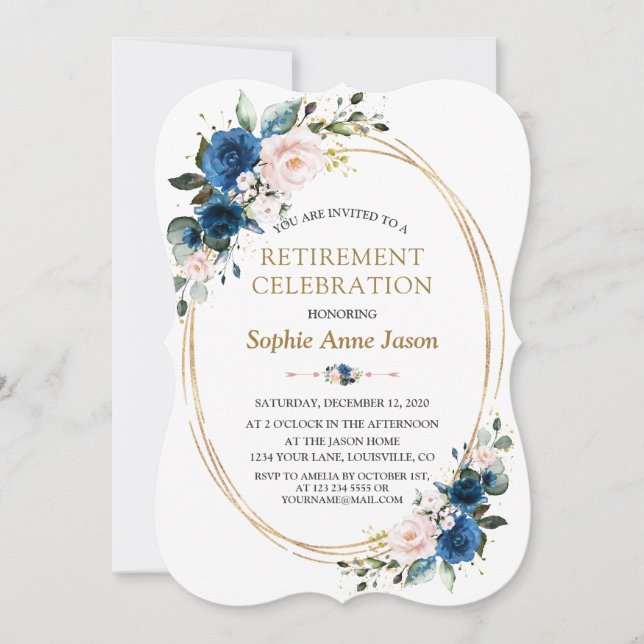 Blue Pink Floral Gold Retirement Celebration Invitation (Front)